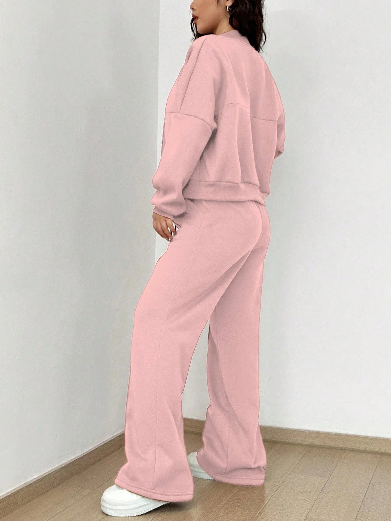 Spring autumn two-piece trendy solid color zipper long sleeve loose top elastic sweatpants two-piece set 22