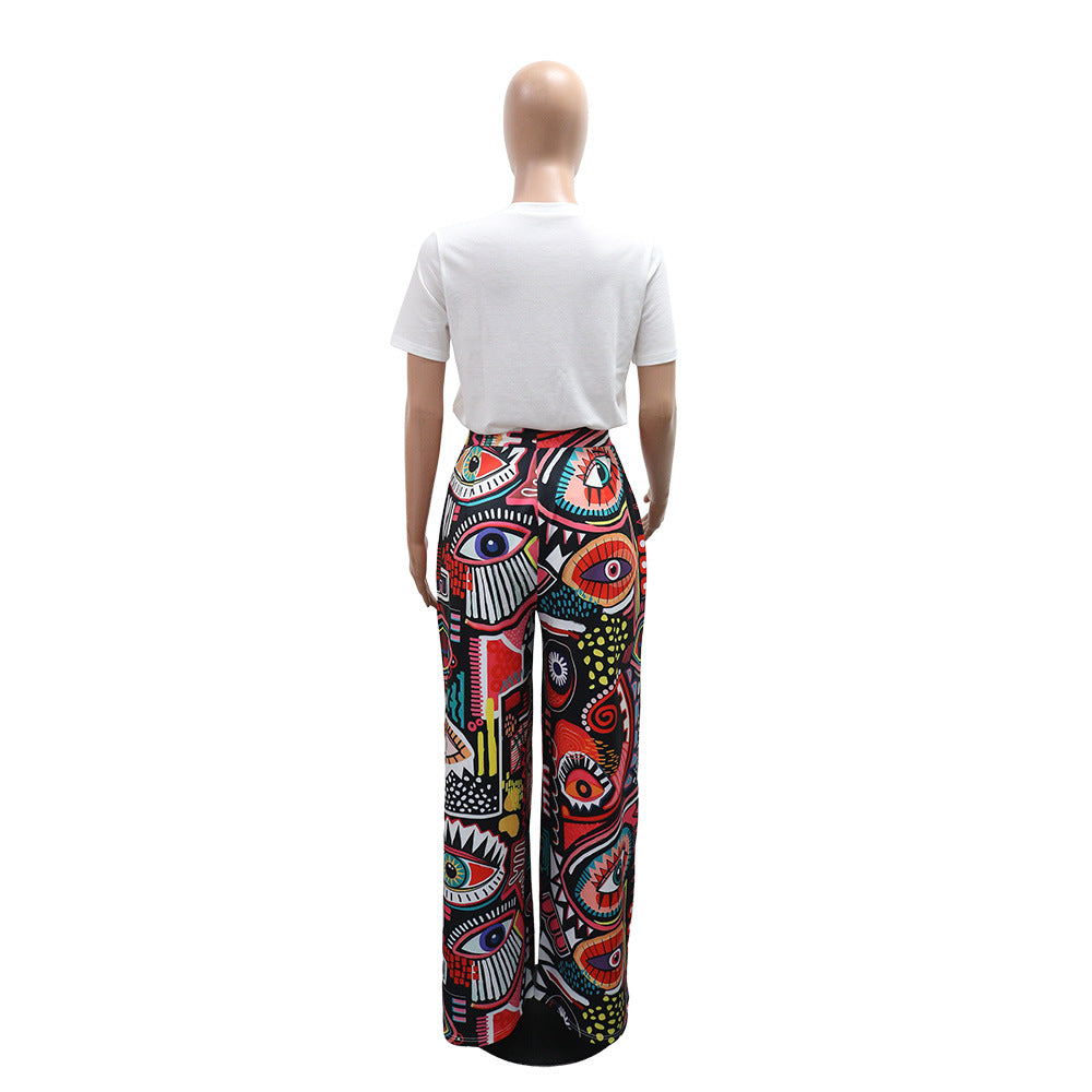 Women Printed Round Neck Short Sleeve Top and Wide Leg Pants Two Piece Set 6