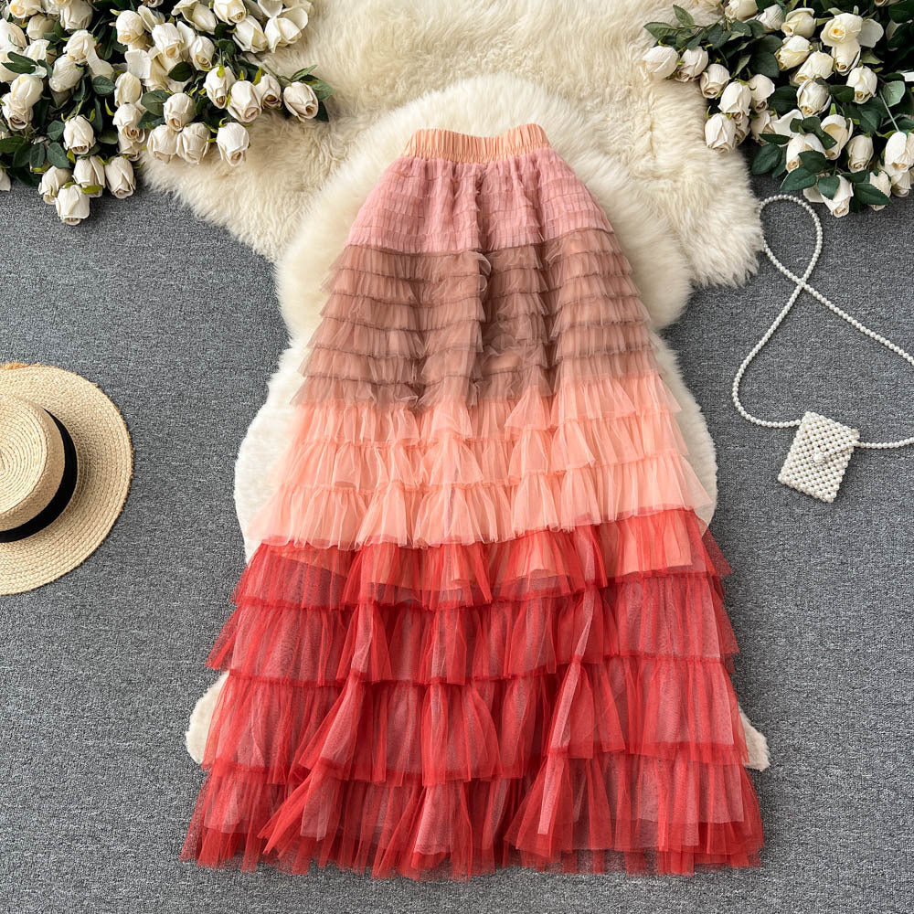 Women  Irregular Gradient Cascading Ruffles Puffy Mesh Skirt 13