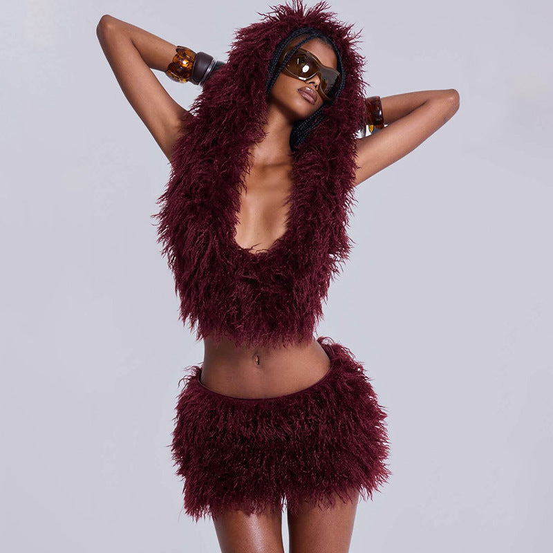 Women's Faux Fur U-Neck Hooded Low Back Top & Skirt Two-Piece Set 4