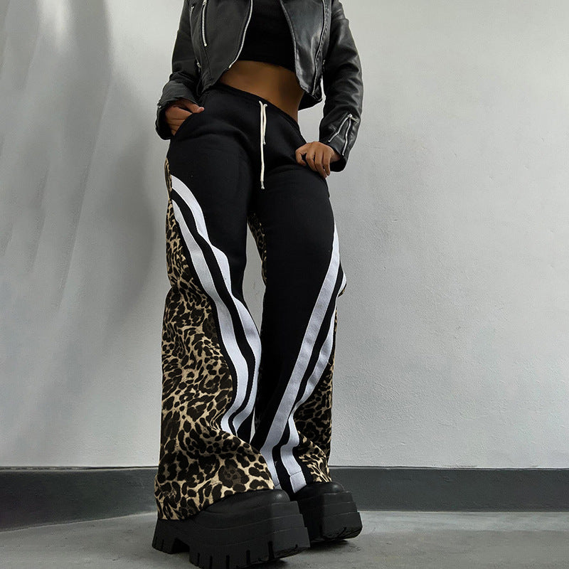 Autumn Style Street Trend Leopard Print Striped Color Block High Waist Loose Sweatpants 7
