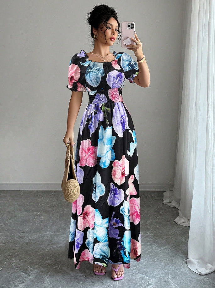 Women Summer Puff-Sleeve Printed Strap Dress 4