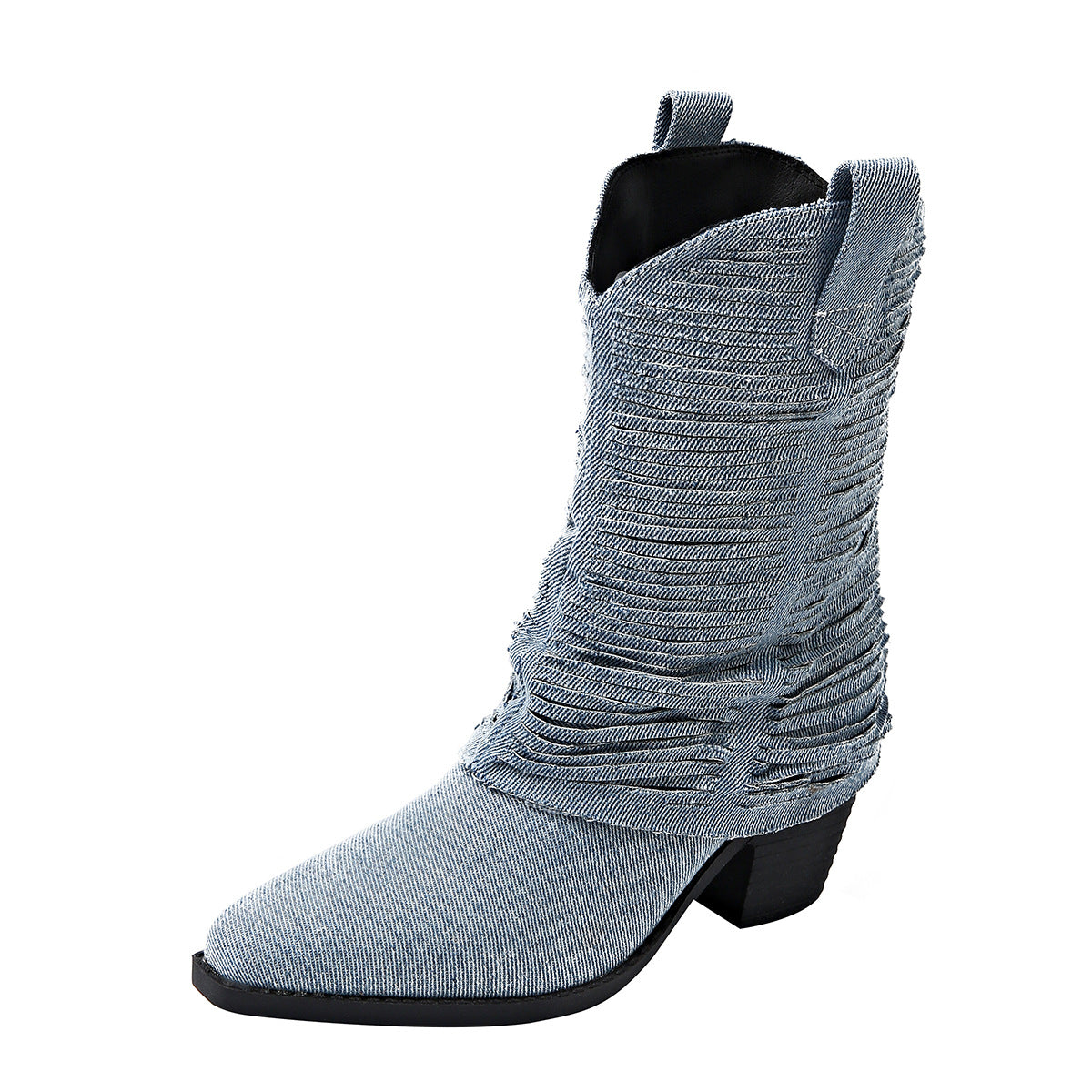 Pointed Mid-Tube Stacked Boots Women Autumn Thick Heel Martin Boots High Heel Denim Boots 7