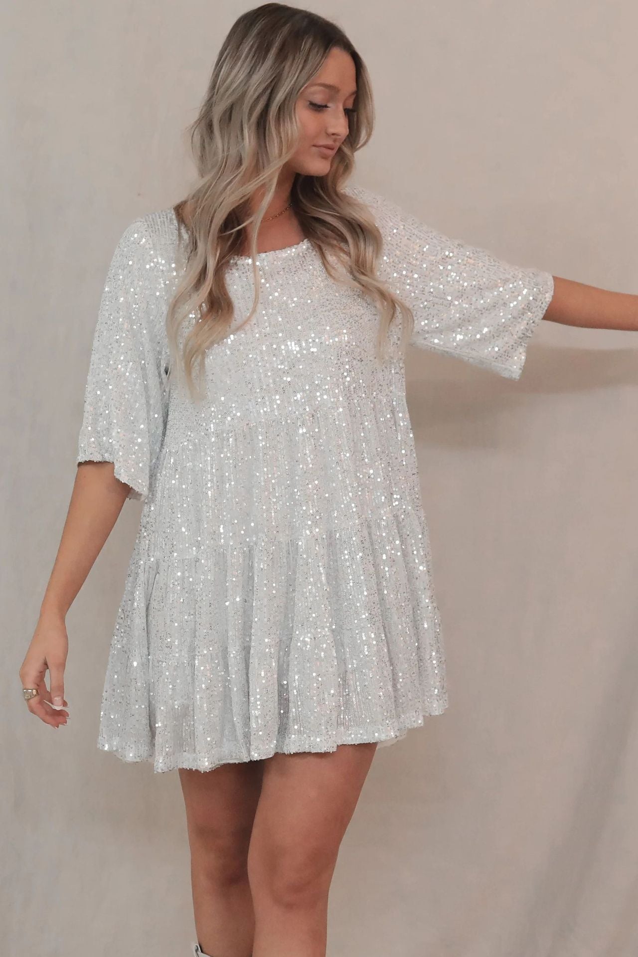Fashion Sequin Round Neck Short Sleeve Big Swing Cute Dress 6