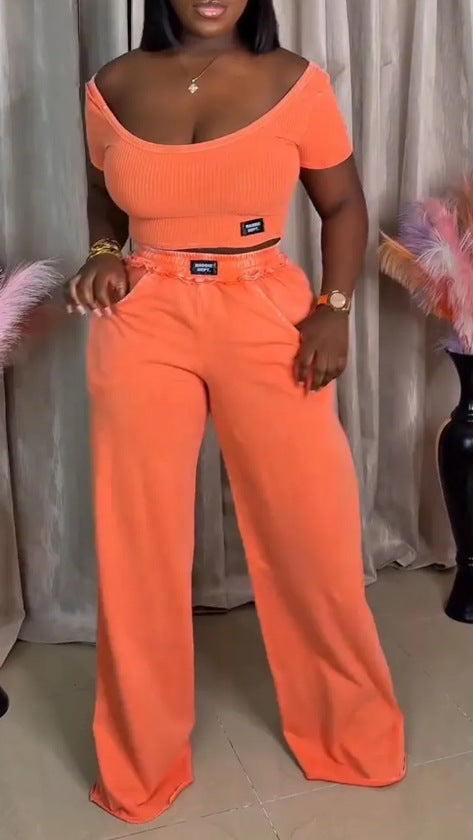 Summer Women's Solid Color Round Neck Short Sleeve Top Casual Pants Set 8