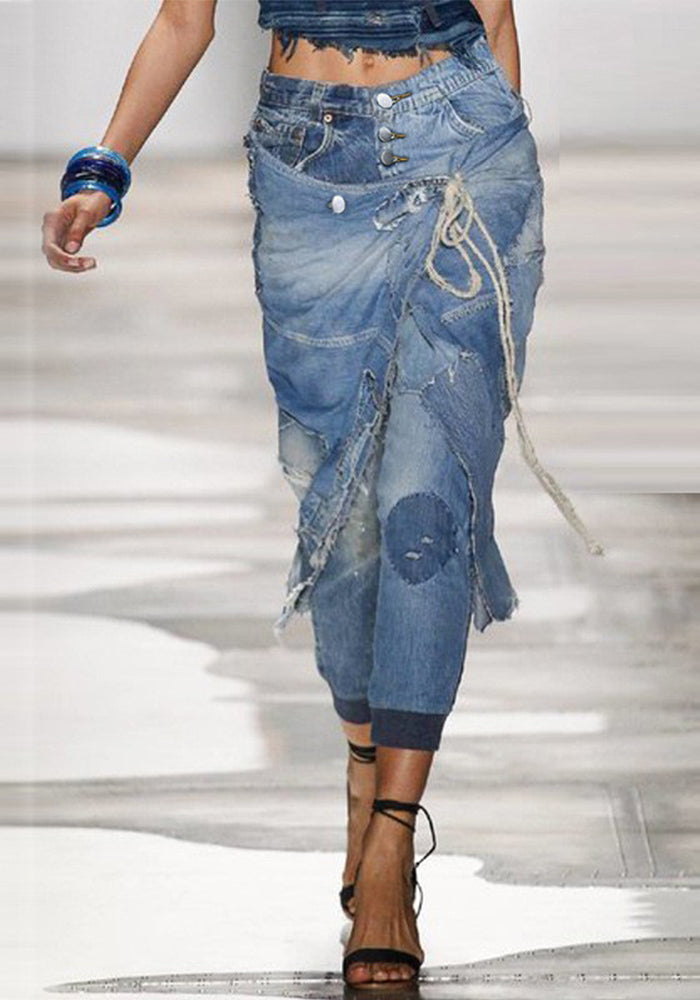 High Waist Women's Denim Pants Ripped Lace Trend Tight Jeans