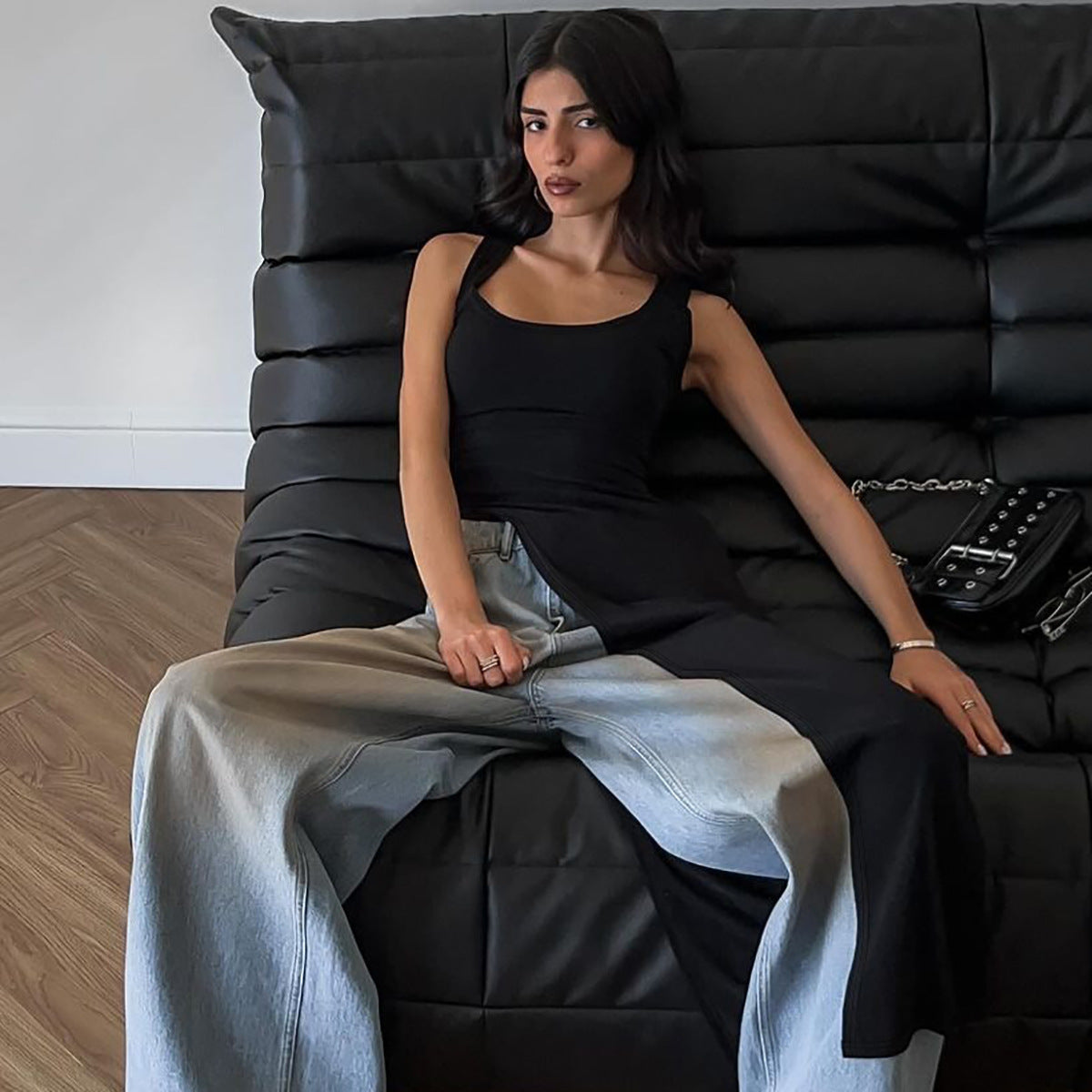 Women's Summer Fashion Style Slim Wide Strap U Neck Slit Long Dress 7