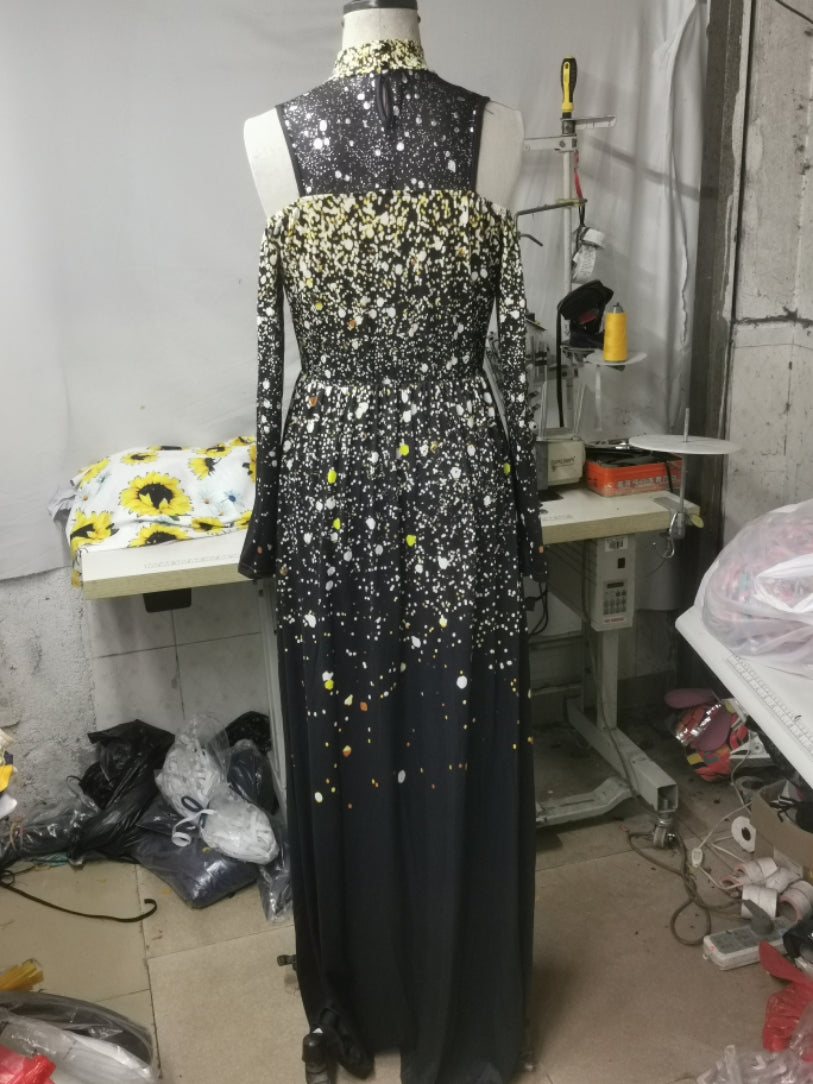 Women Gold Printed Long Sleeve High Neck Mesh Patchwork Slit Evening Dress 8