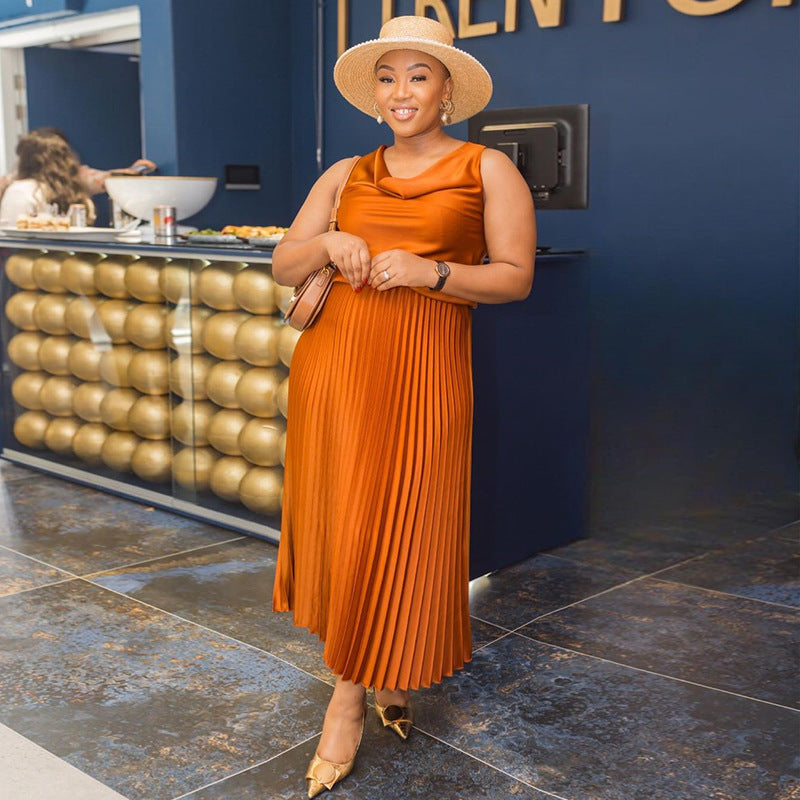 Women Summer Casual Solid Sleeveless Top and Pleated Skirt Casual Two-piece Set 4