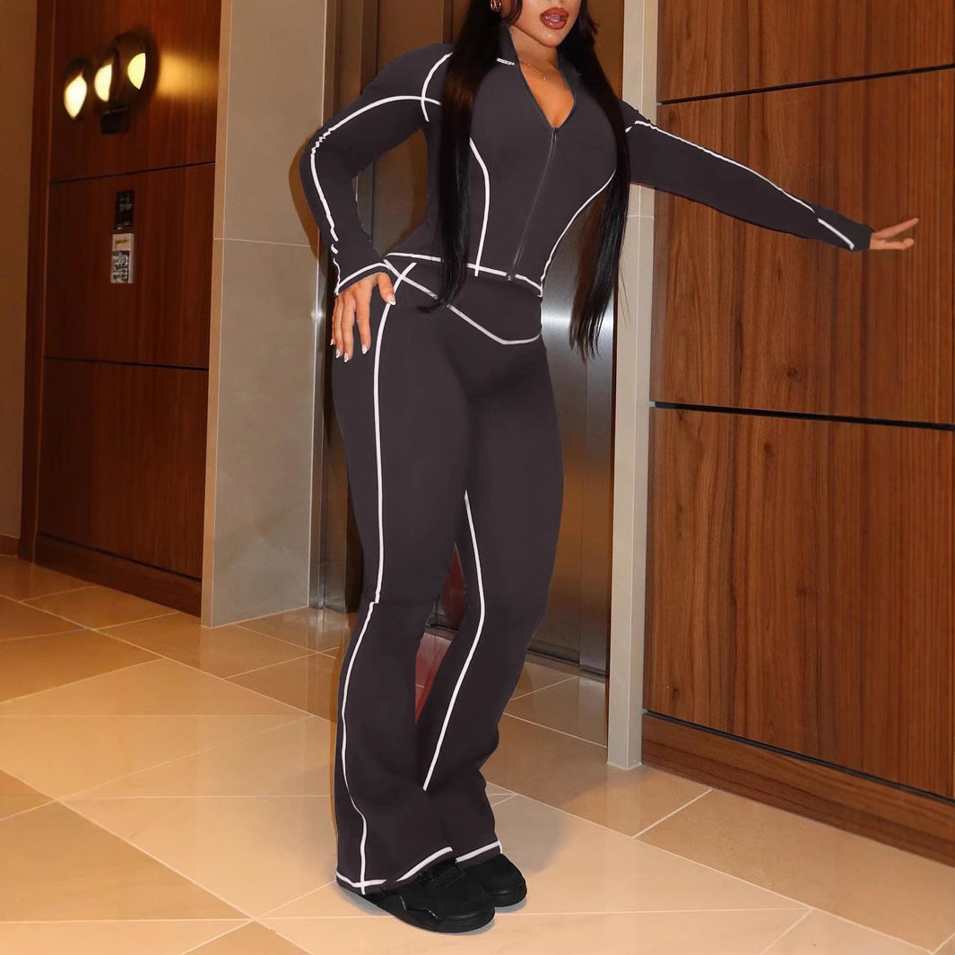 Women Zippered Long Sleeve Sports Fitness Top and Pants Two-piece Set 4