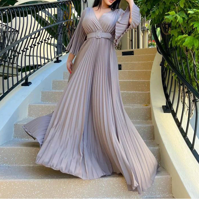 Elegant Women'S Solid Color V-Neck Sexy Pleated Long Dress Maxi Dress 7