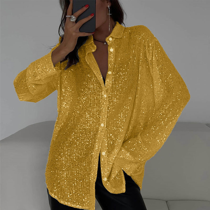 Women spring and summer sequined Top Turndown Collar long-sleeved shirt 15