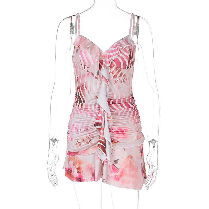 Women summer wave edge suspender sexy print dress 8