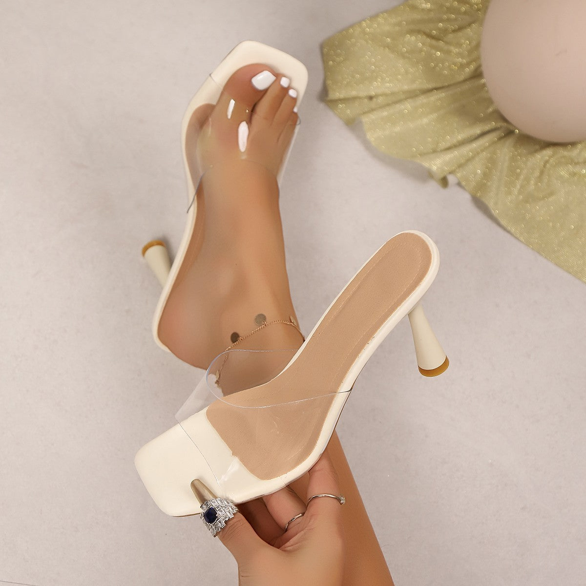 Plus-Size Women High-Heeled Summer Open-Toed Transparent Slides 7