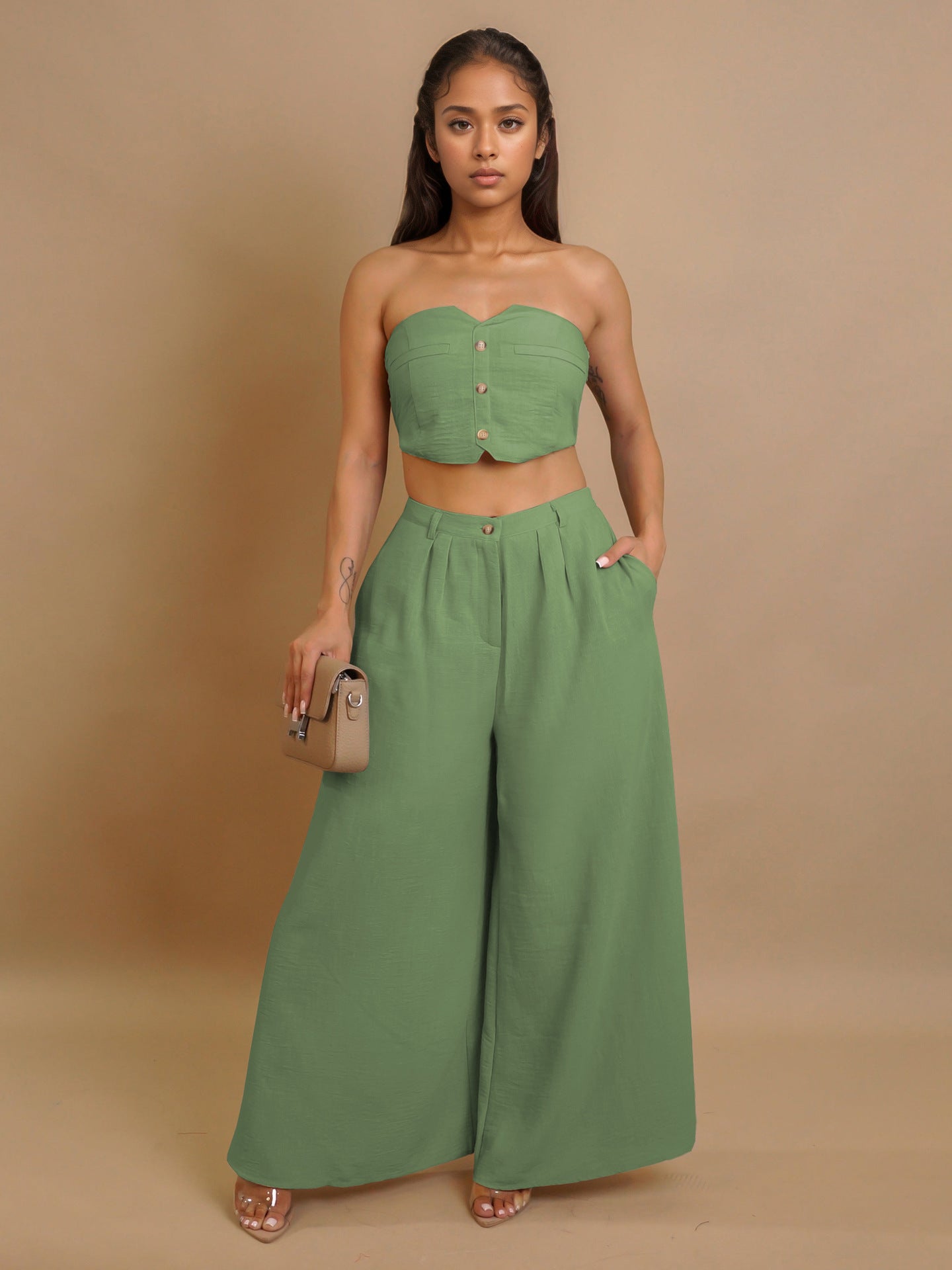 Women sexy sretchy strapless vest and wide-leg pants two-piece set 5