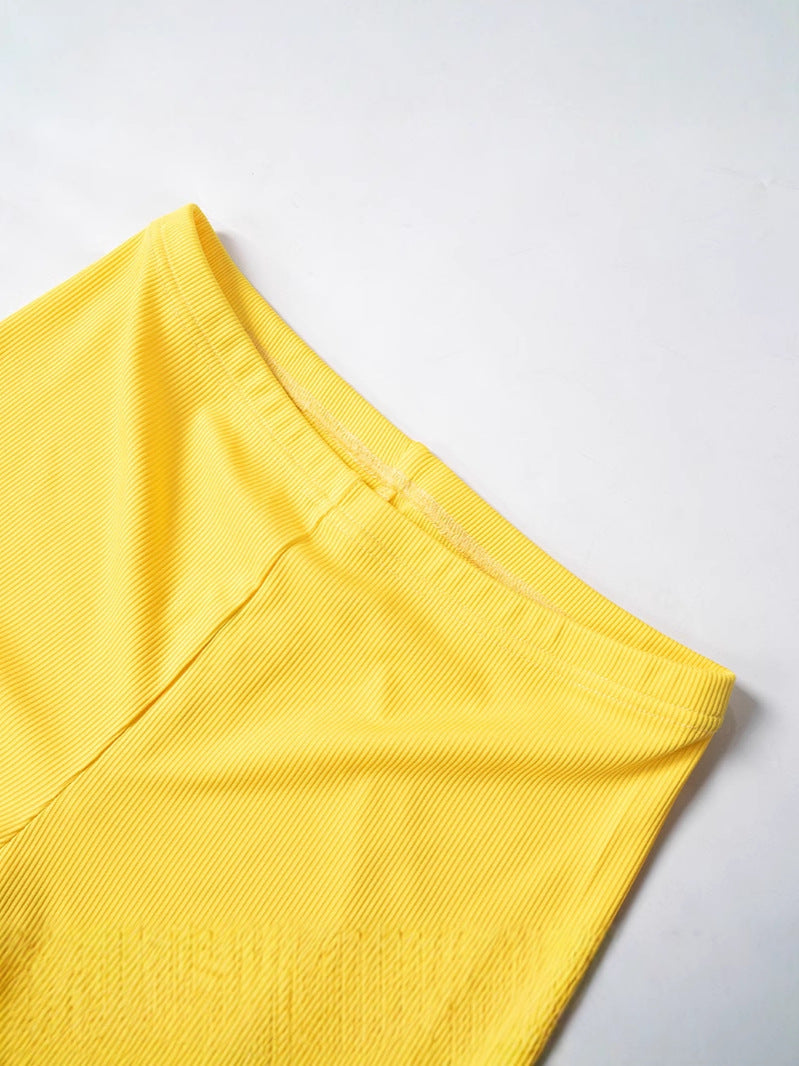 Solid color ribbed V neck short sleeve top tight fitting bell bottom split trousers casual two-piece set 5