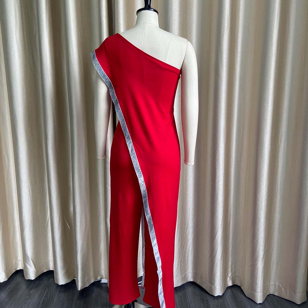 Autumn Red Formal One Shoulder Sequin Elegant Jumpsuit 5