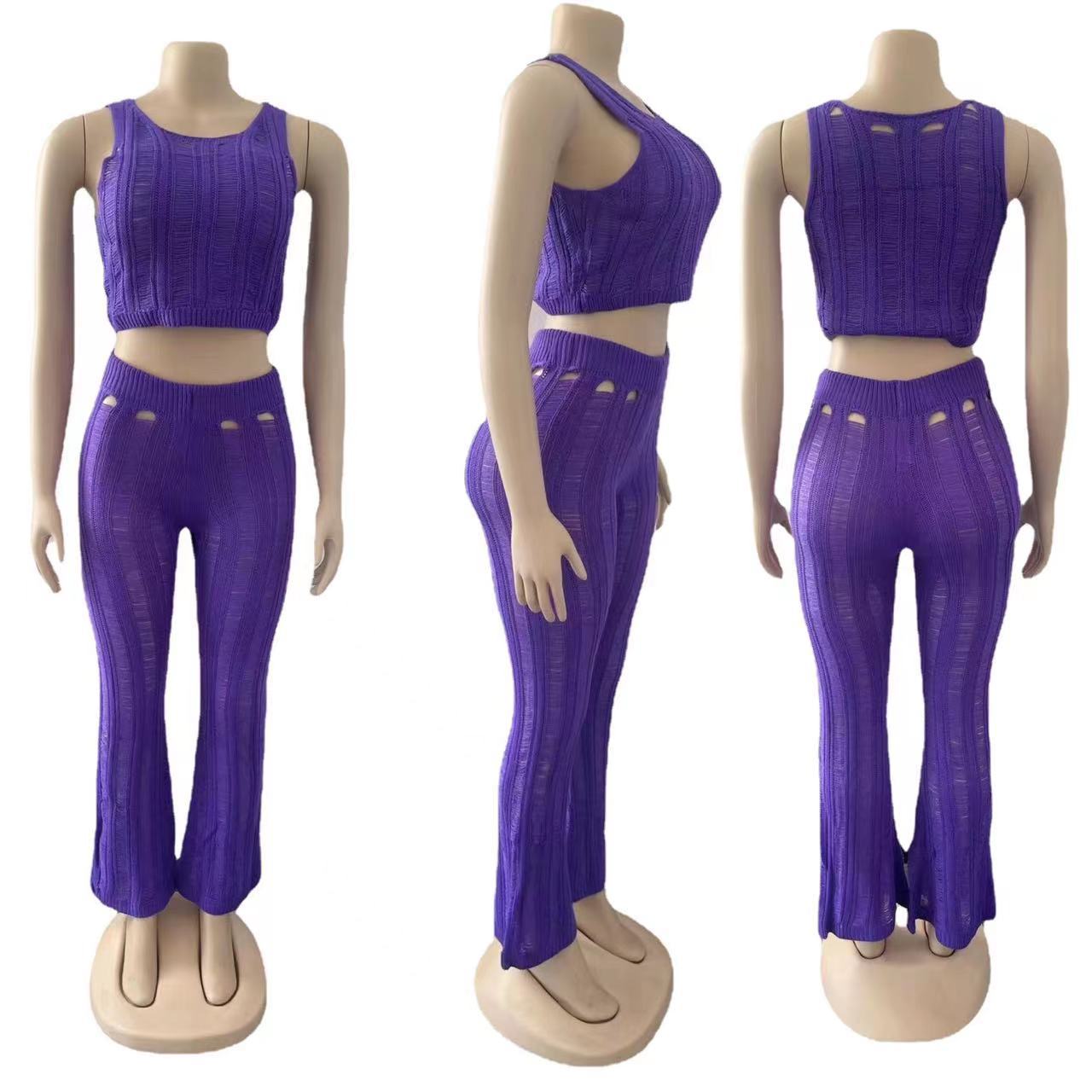 Summer Women Sexy Round Neck Sleeveless Ripped Crop Top and Pant Two-Piece Set 17