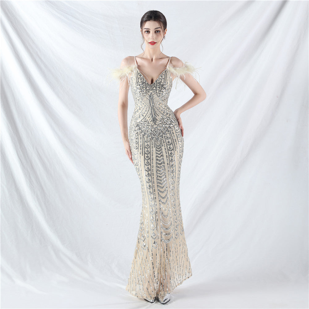 Strap V-Neck Feather Formal Party Evening Dress 8