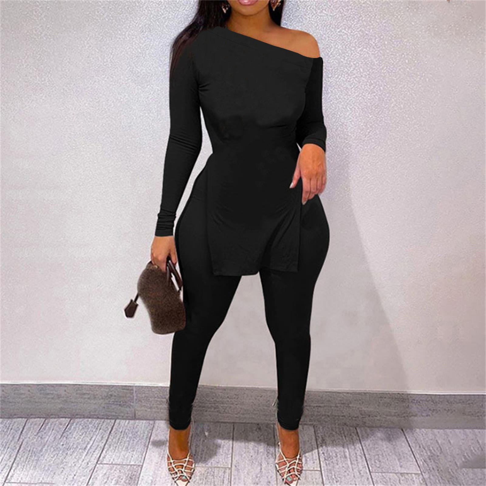 Women Patchwork Slit Long Sleeve Top And Pant Casual Two-piece Set 3