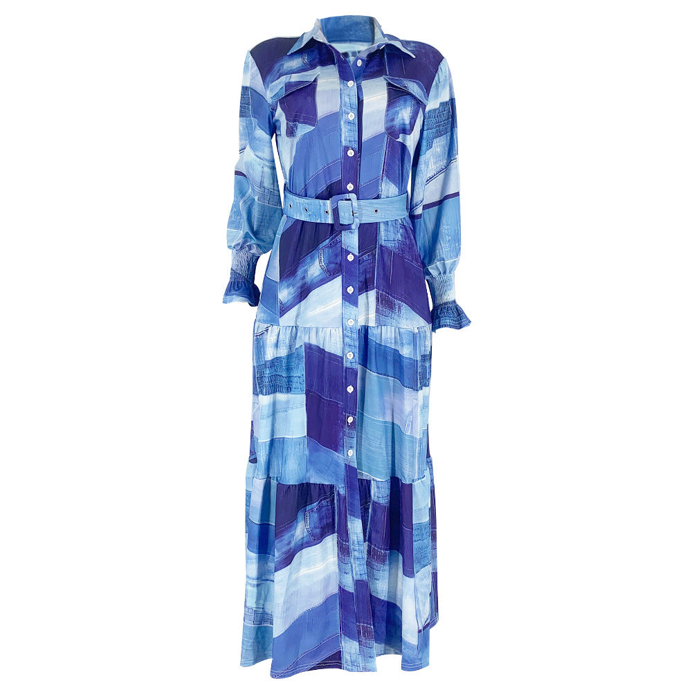 Women Elegant Turndown Collar Maxi Dress 6