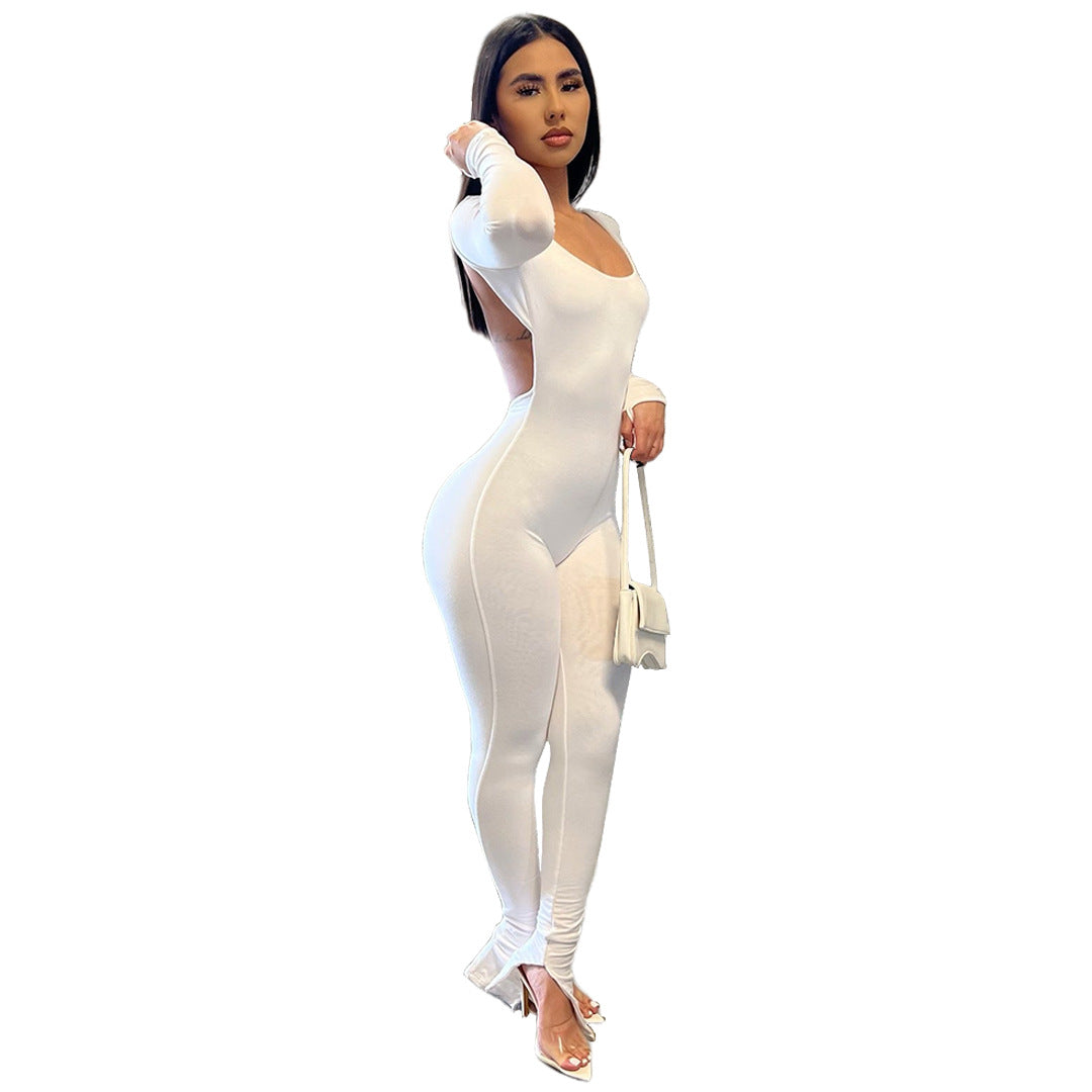 Women Sexy Thumb Sleeves Solid Backless Bell Bottom Jumpsuit 10