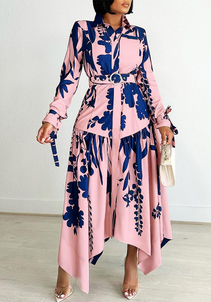 Plus Size Women Irregular Print Turndown Collar Dress