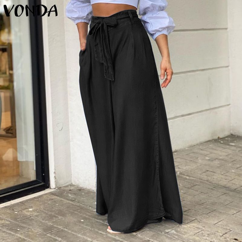 Plus Size Women Casual Denim Strappy High Waisted Wide Leg Pants 9
