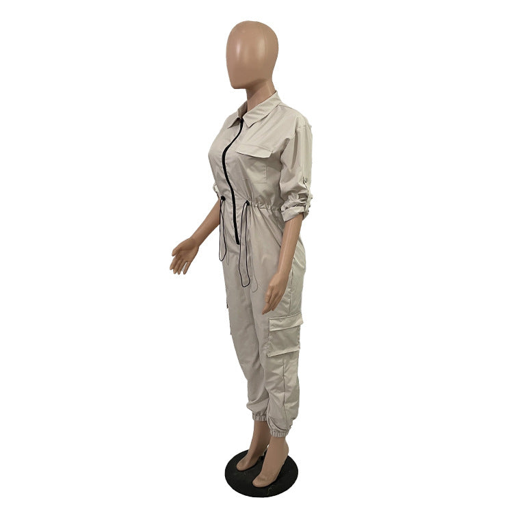 Women Fall Long Sleeve Zip Cargos Jumpsuit 13