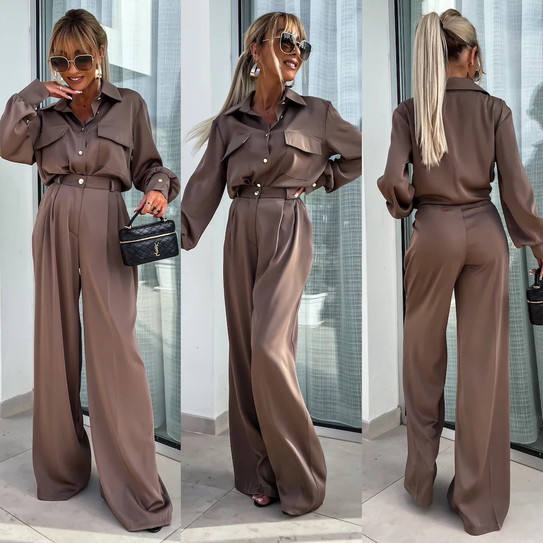 Women Long Sleeve Fake Pocket Shirt Chic Loose Pants Two Piece Set 3