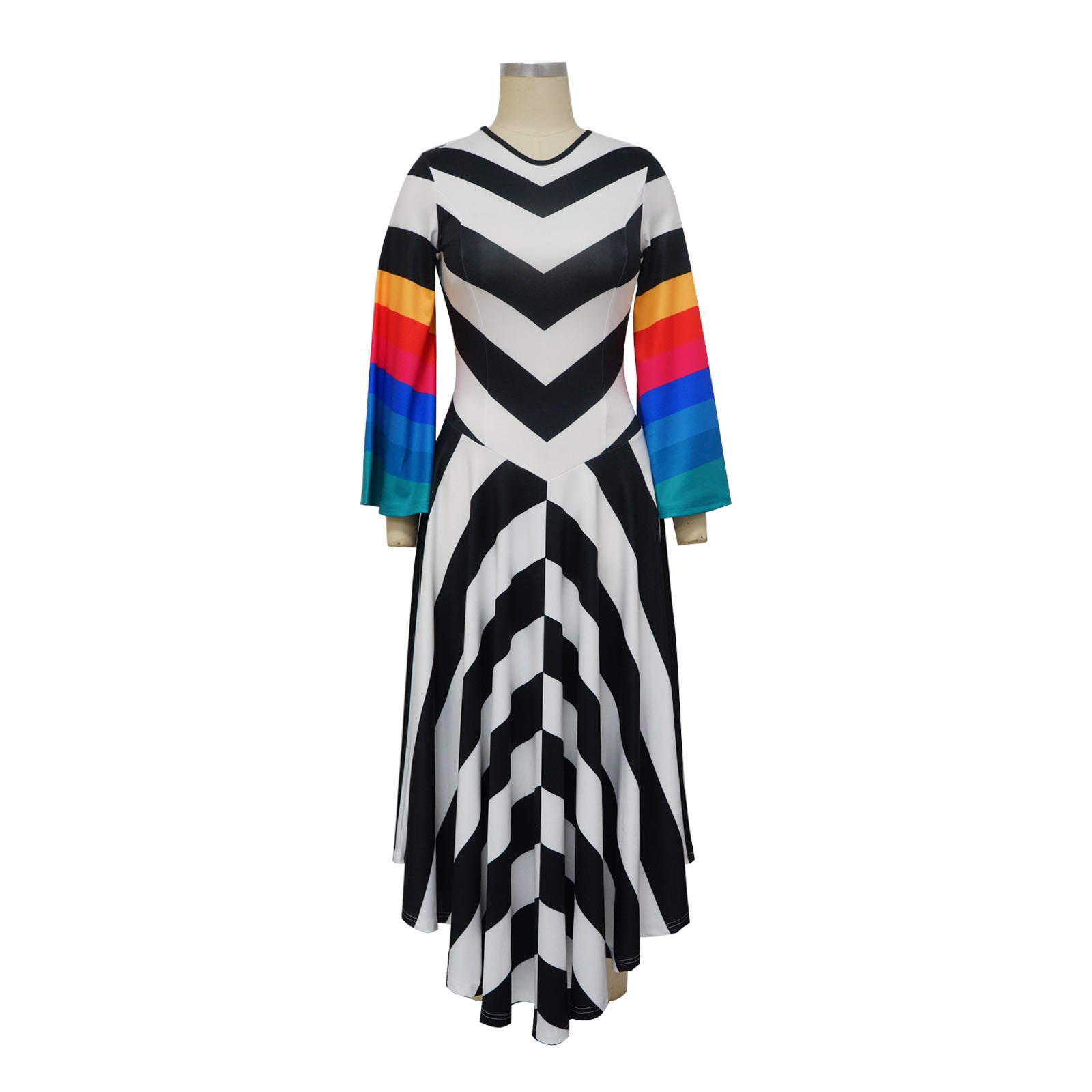 Women's Fashion V Neck Bell Bottom Sleeves Contrast Color Maxi Dress Slim Waist Dress 10