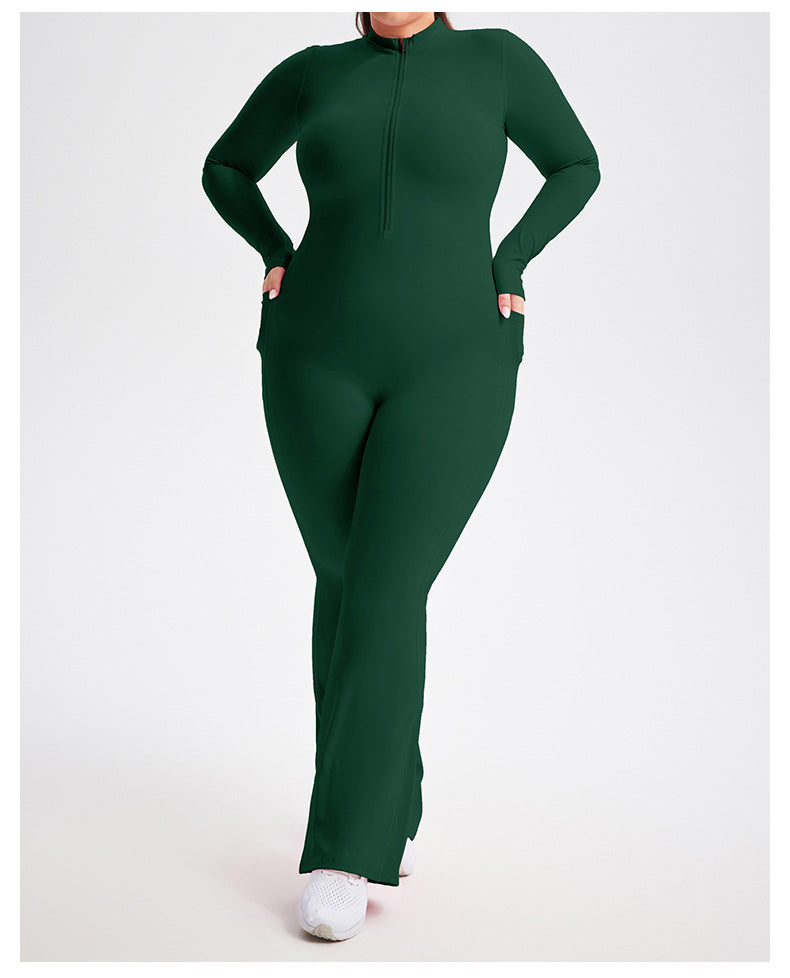 Plus Size Zipper Long Sleeve Fitness Sport Bell Bottom Jumpsuit Tight Fitting Yoga wear 5
