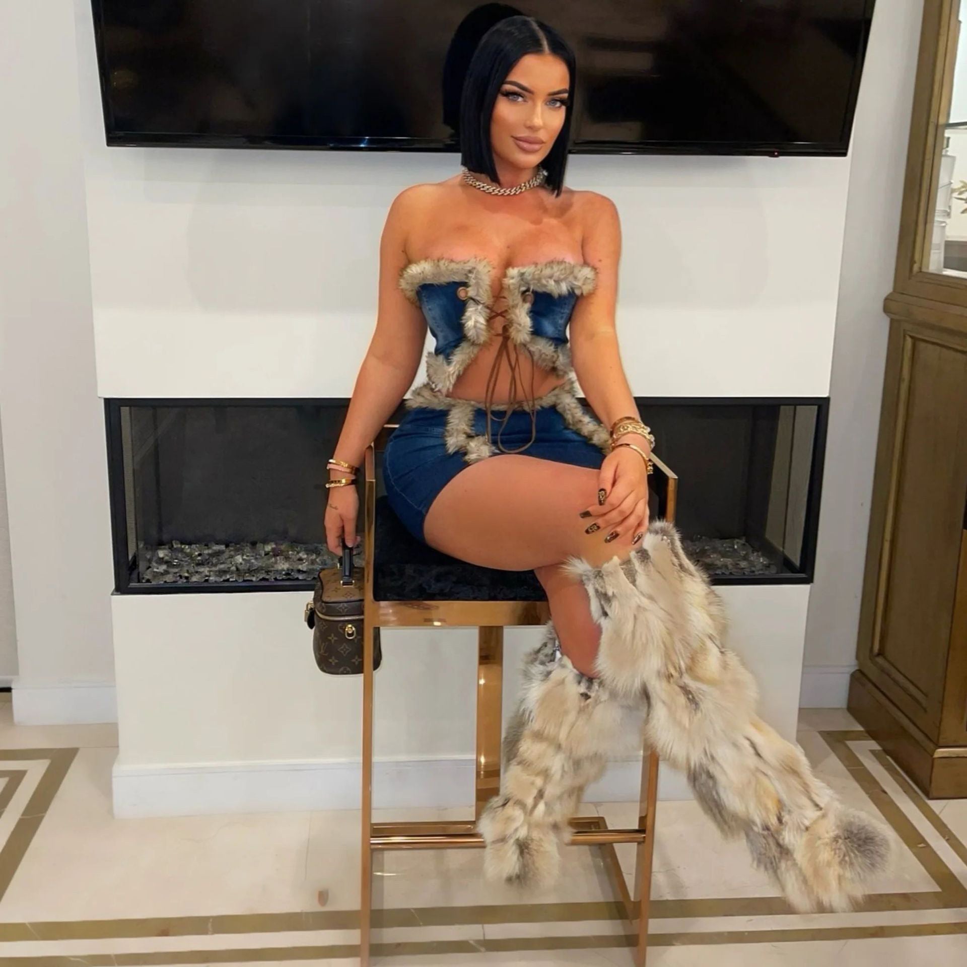 Women Plush Strapless Top and Bodycon Skirt Denim Two Piece Set 3