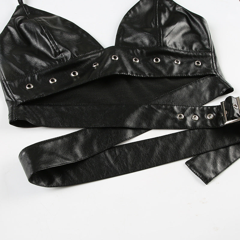 Punk Sexy Leather V-Neck Strap Vest Top Hollow Pin Buckle Adjustable Skirt Set 18