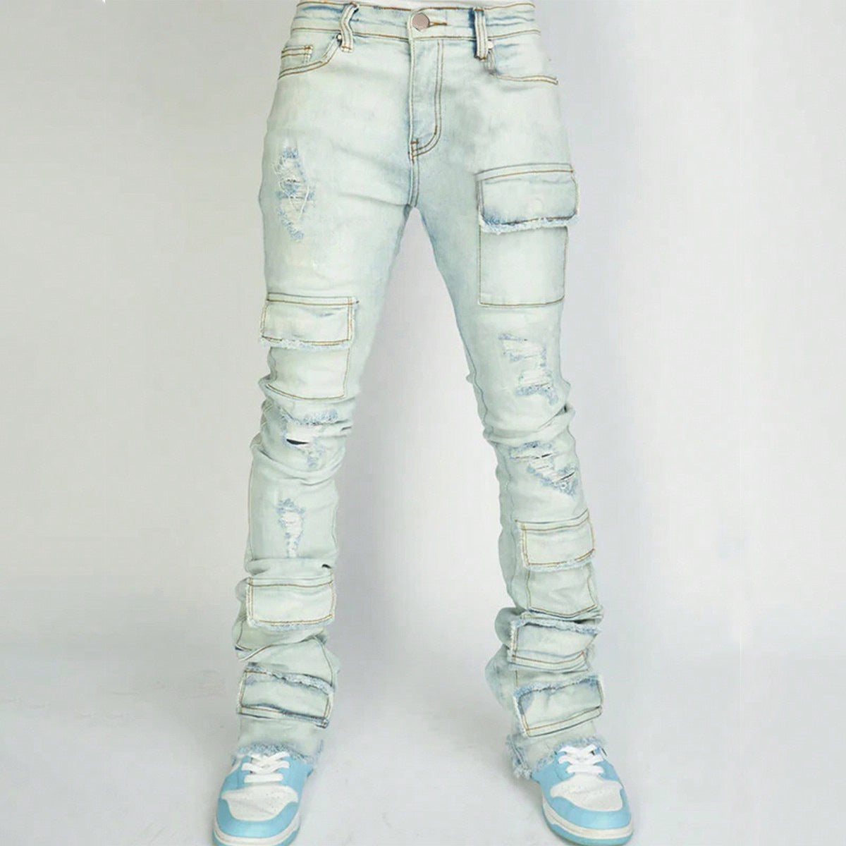 Men's Ripped Denim Cargo Straight Pants 3