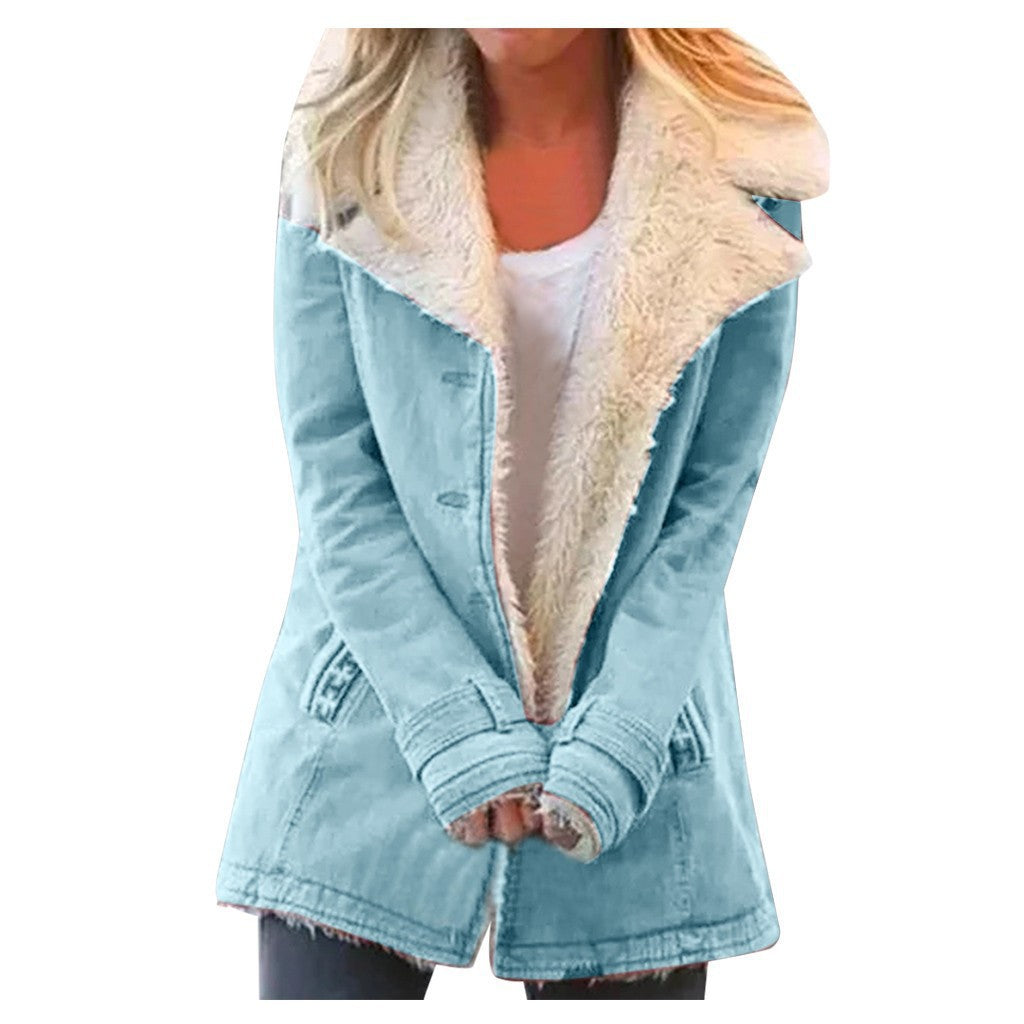 Autumn And Winter Solid Color Turndown Collar Fleece Jacket For Women