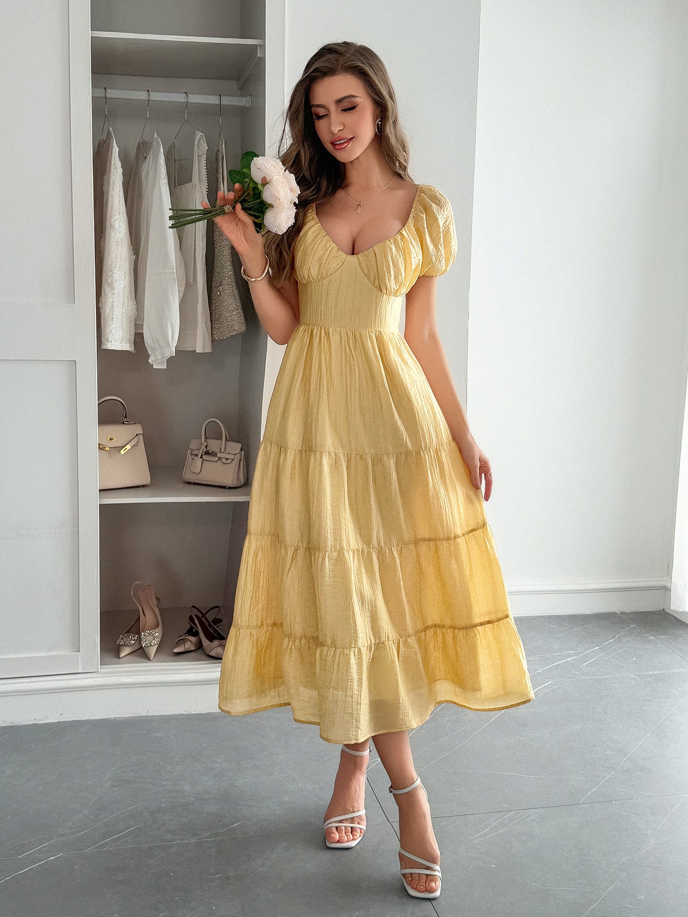 Spring-Summer Elegant Holiday Solid Short-Sleeve Maxi Dress for Women 11