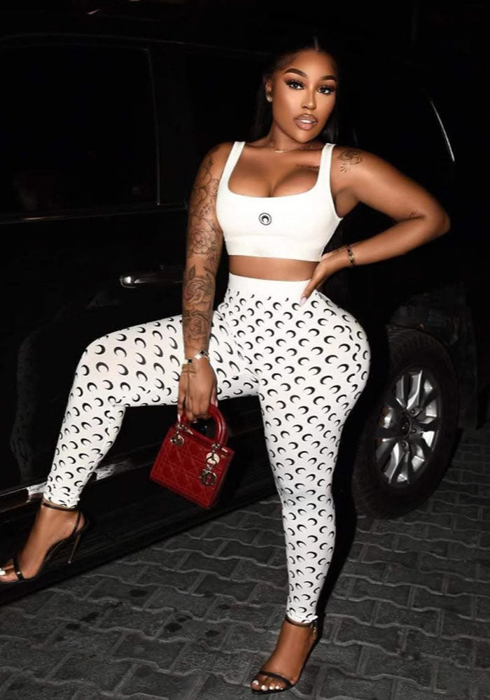 Women summer sexy strap top and printed trousers two-piece set