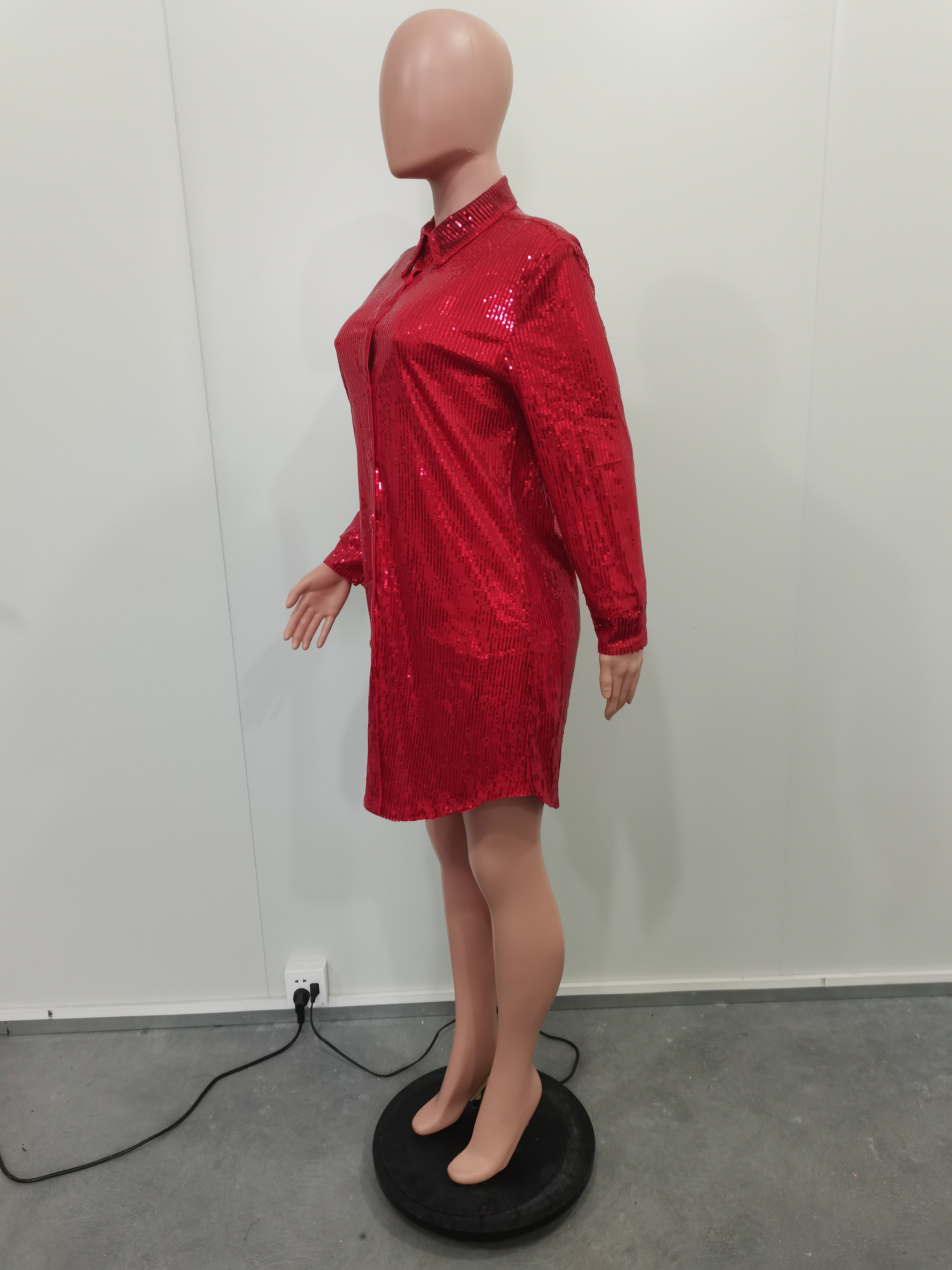 Women Solid Sequin Loose Shirt Dress 44