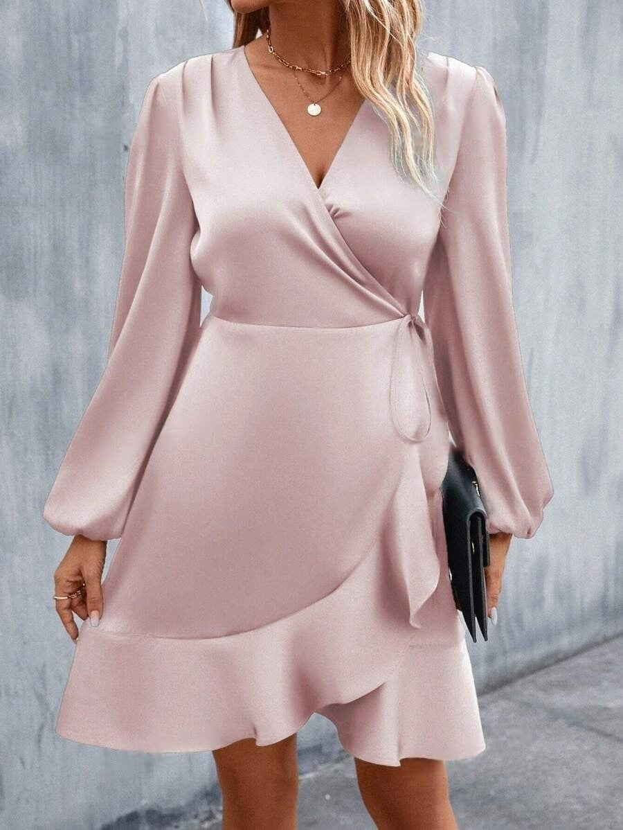 Summer V-Neck Satin Dress Slim Waist Midi Dress 7