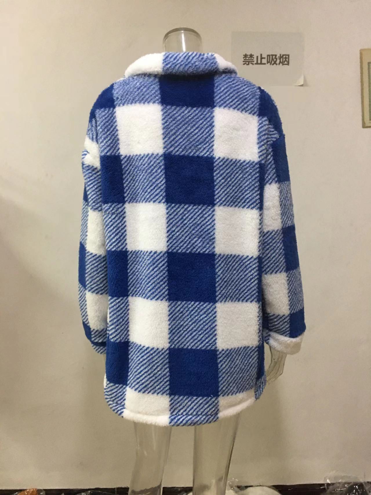 Women Autumn and Winter Pocket Plaid Sherpa Jacket Button Plush Jacket 24