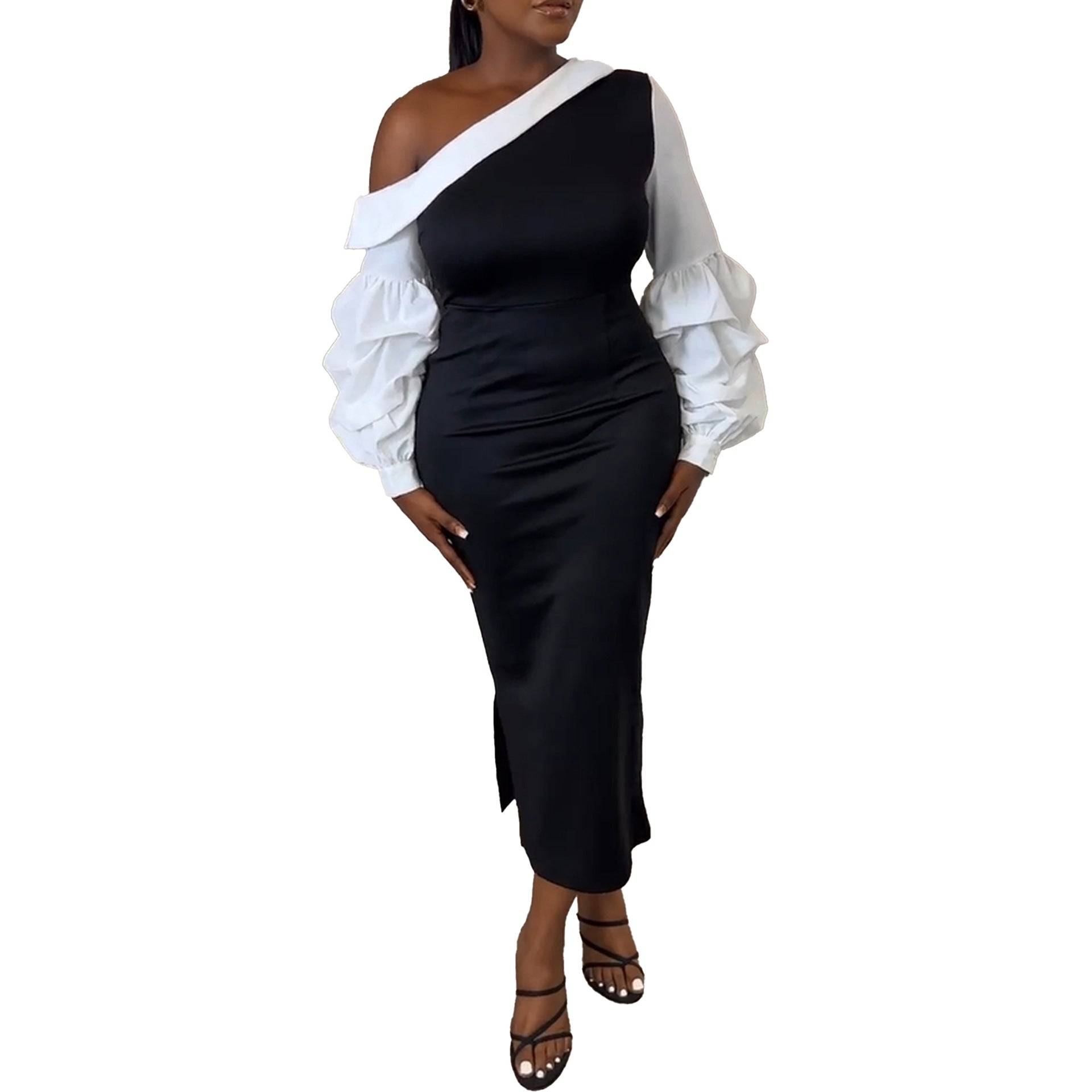 Women Contrast Slash Shoulder Stretch Bodycon Slit Balloon Sleeve Dress 6