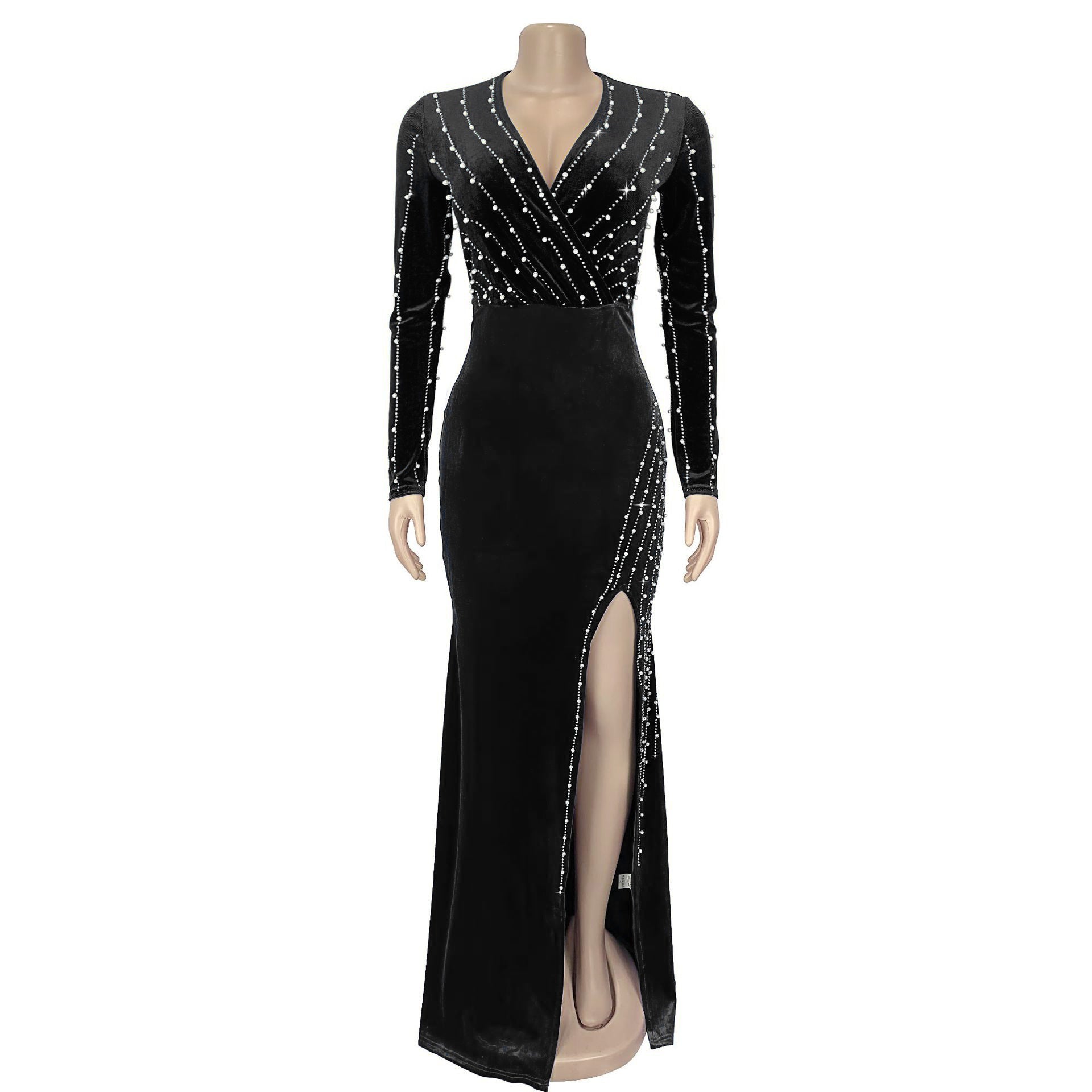 Women Sexy V Neck Beaded Slit Dress 7