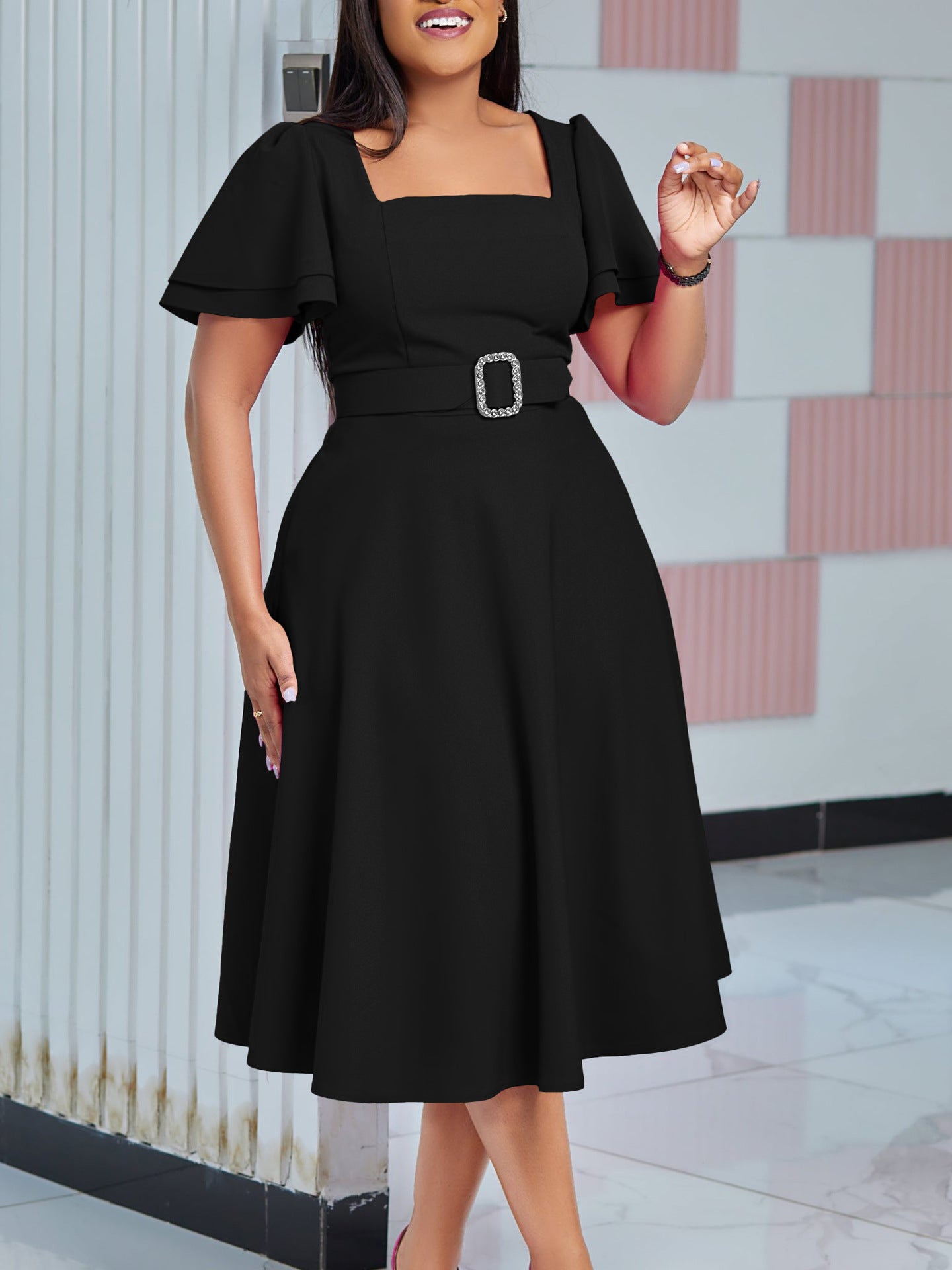 Bell Sleeve Square Neck High Waist Elegance Dress 7
