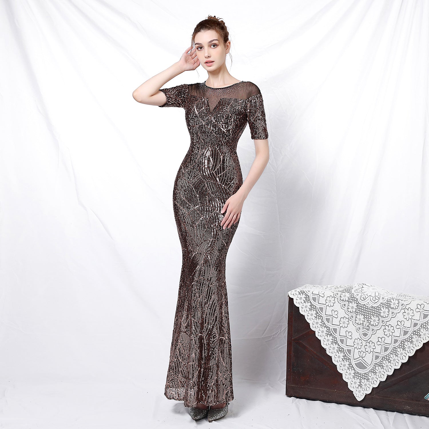 Women Elegant Long Sleeve Sequins Fishtail Evening Dress 13
