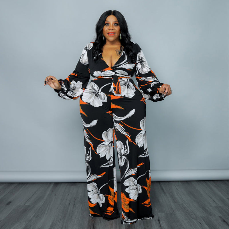 Plus Size Women Spring Bubble Sleeve Print Jumpsuit