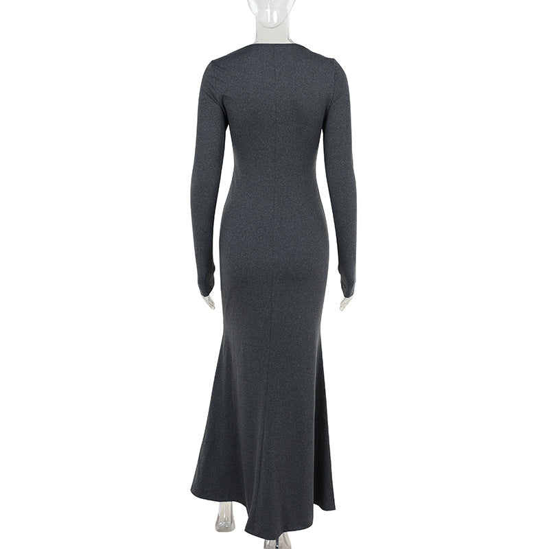 Autumn Solid Color Square Neck Long Sleeve Slim Women Long Dress 7