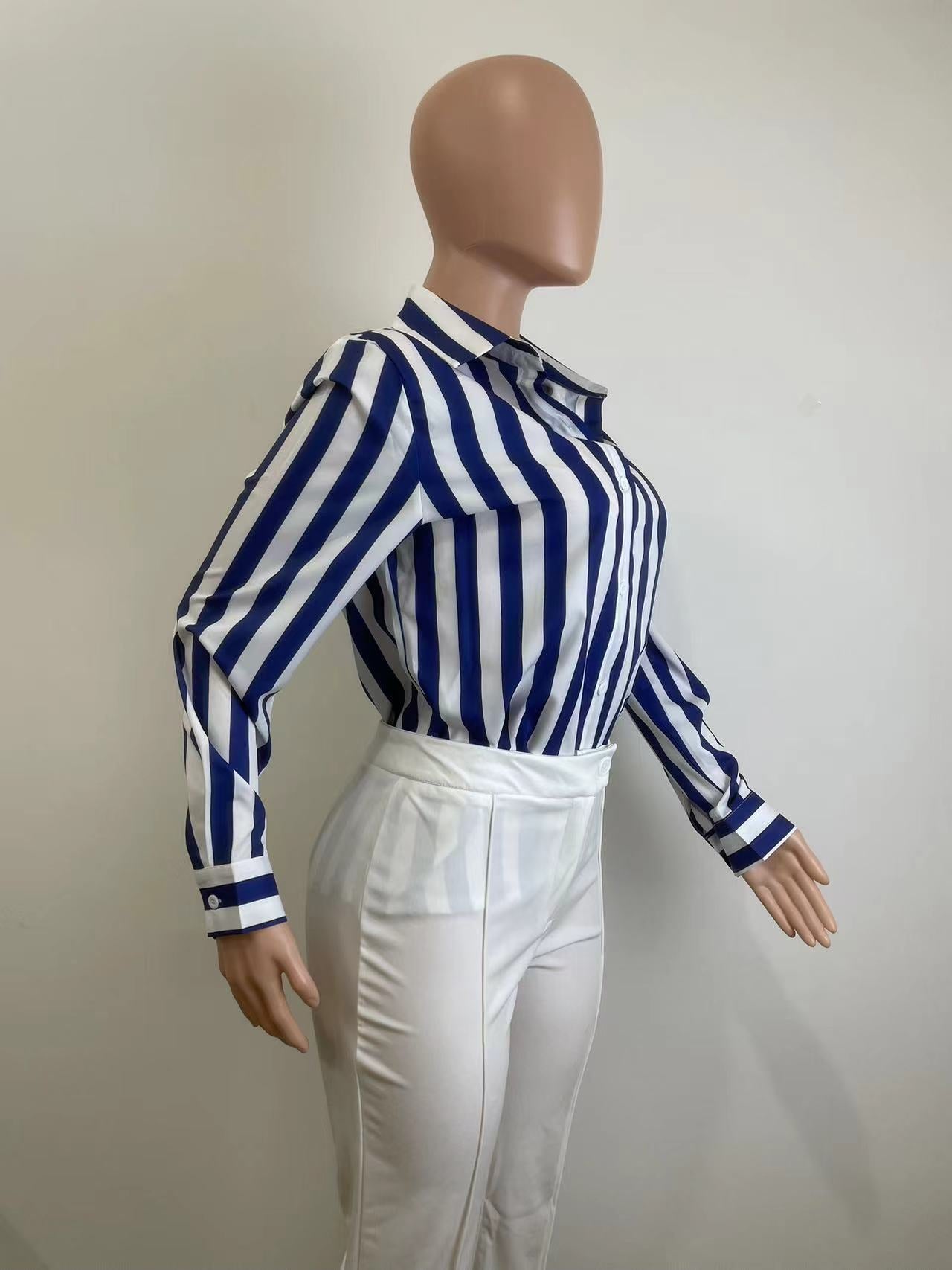 Women's Spring Fashionable Blue Striped Shirt 6