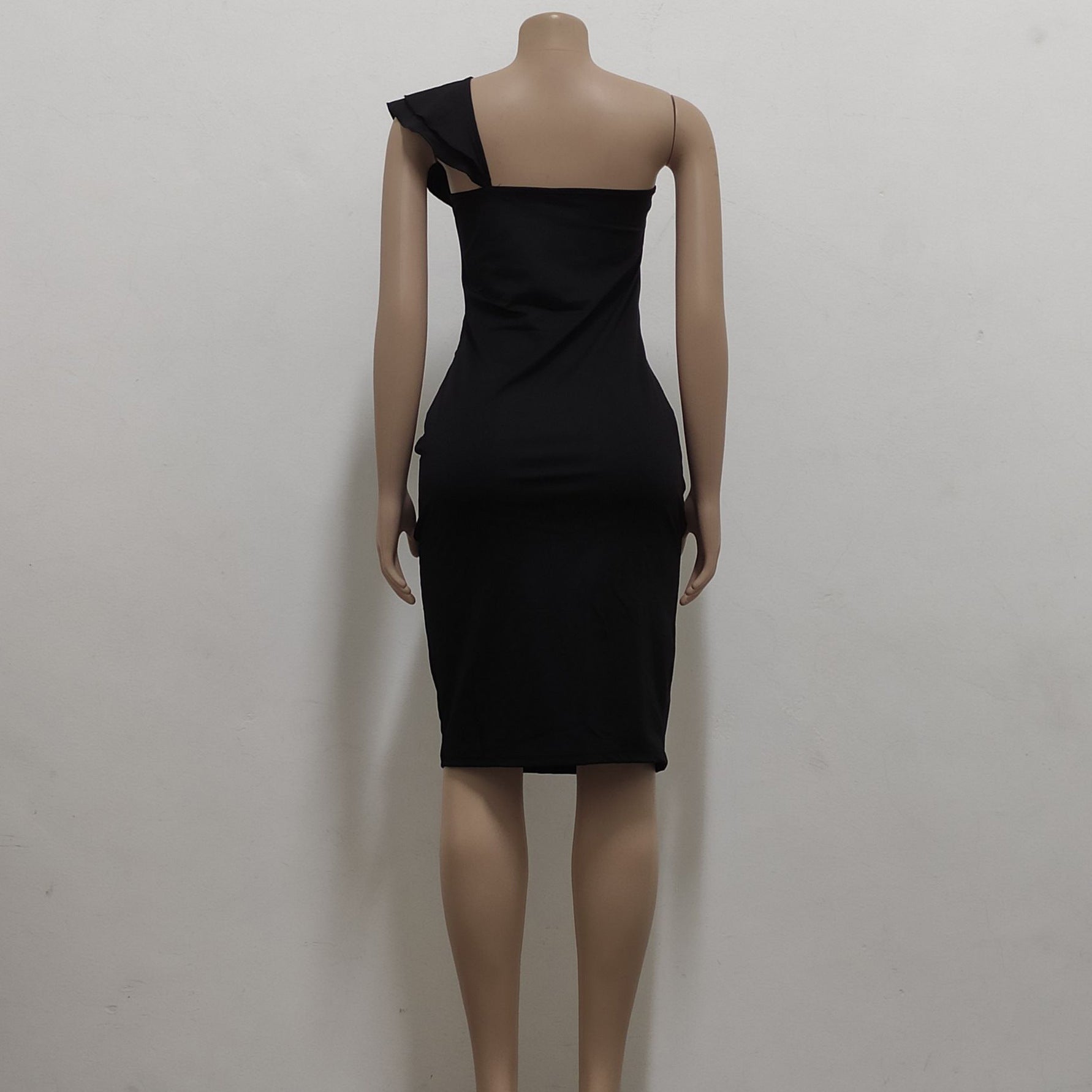 Women Sexy Solid One Shoulder Ruffle Dress 24