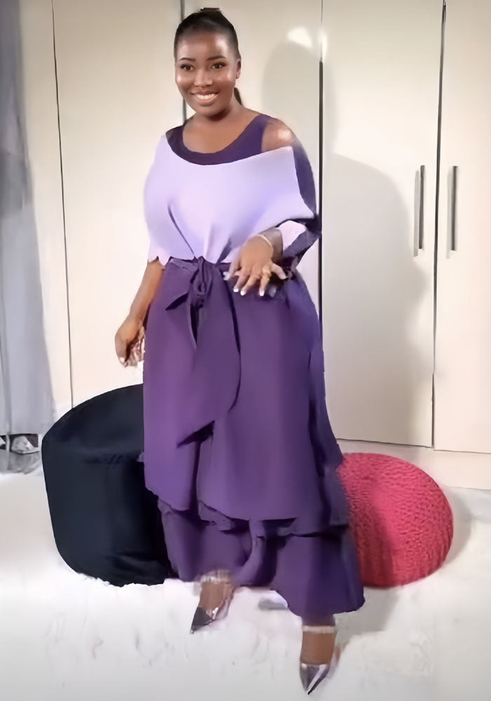 Africa Plus Size Contrast Color Round Neck Ruffle Fashion Two-Piece Dress Set